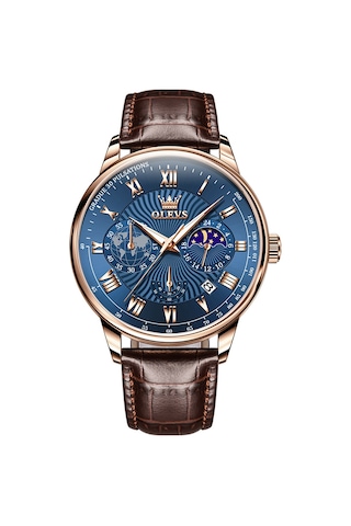 Olevs 2893 Erkekler Çok Fonksiyonlu İş Kuvars Saati Kahverengi + Mavi