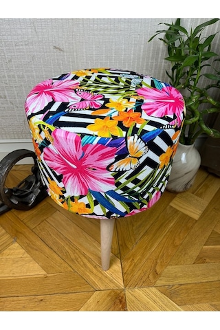 Pembe Çiçekli Puf Oturan Bench Tabure Koltuk Pembe Ahşap Ayak