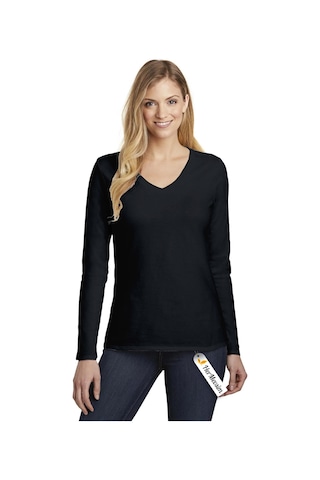 Hermevsim Esnek Pamuk Penye V Yaka Spor Basic Siyah Bluz Siyah