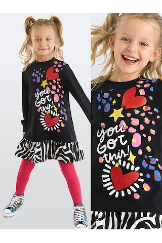 Denokids Kız Çocuk Kışlık Zebra Desenli Pamuklu Siyah Uzun Kollu Fırfırlı Elbise 4-10 Yaş