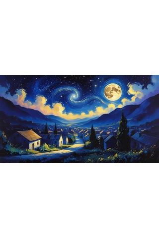 Doğa Ve Manzara Yatay Sessiz Bir Köyün Üzerinde Yıldızlı Gece Parlayan Ay 05 Çerçevesiz 90x60cm Pvc Tablo