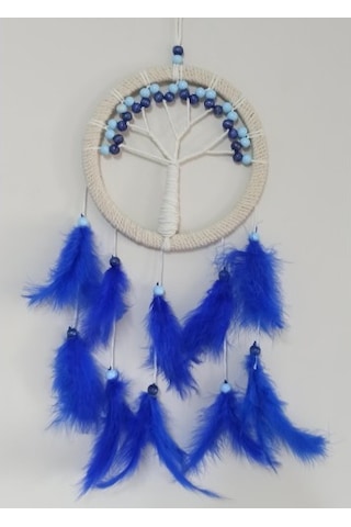 Saks Mavisi Kuş Tüylü Hayat Ağacı Düş Kapanı Dream Catcher Duvar