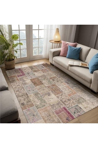 Senda Patchwork Desenli Şönil Pamuk Tabanlı Yıkanabilir Kaymaz Antibakteriyel Salon Halısı 80x200 Genel