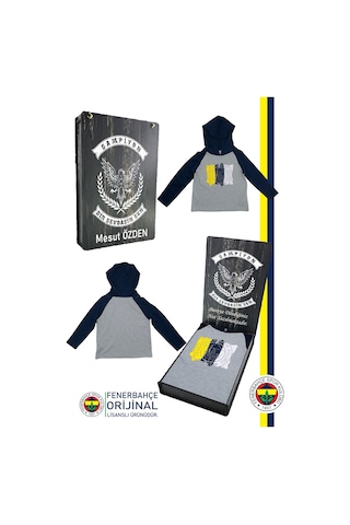 Fenerium Fenerbahçe Lisanslı Kapüşonlu Lacivert Gri Çocuk Sweat Kişiye Özel Ahşap Kutulu Lacivert