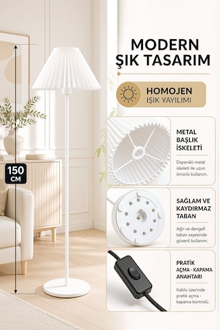 Beyaz Metal Lambader Tek Ayaklı Kırma Beyaz Kumaş Pileli Başlık İthal Modern Retro 150 Cm Lam03