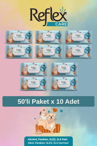Reflex Care Evcil Hayvanlar İçin Çok Amaçlı Hijyenik Temizleme Mendili 50'li X 10 Adet - Alaçatı Ice Kokulu