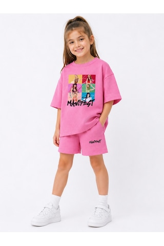 Fasardi Manifest Girls M6nifestgirls Baskılı Oversize Pamuk Tişört Şort 2li Çocuk Takım Pembe
