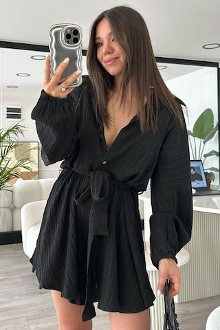 Fashion Cocktail Uzun Kol Casual Kabartma Kumaş Yakalı Düğmeli Boyfriend Gömlek Stil Şortlu Tulum Siyah