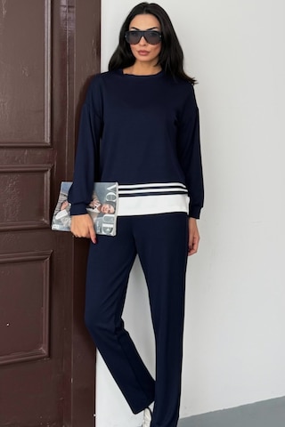 Ded Collectıon Kadın Yanı Yırtmaçlı İnce Şerit Detaylı Uzun Kol Sweatshirt Modal Takım Lacivert