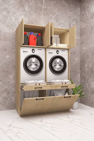 Mdf Çamaşır Makinesi Ve Kurutma Makinesi Dolabı Çift Sepetli Ahşap Lefkas Meşe