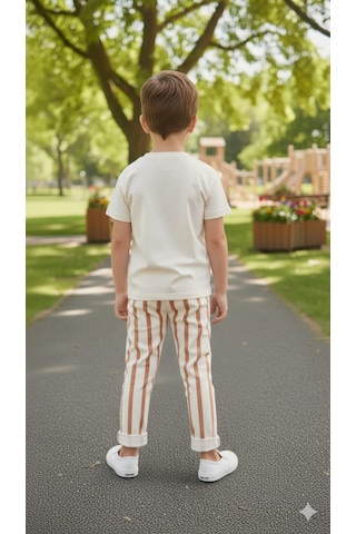 Smalltouch Palmiye Desenli Tişört Pantolon Erkek Çocuk Çizgili Takım Ekru