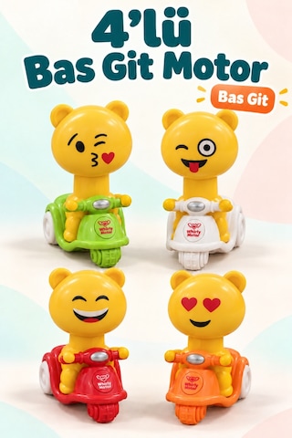 4 Lü Bas Git Oyuncak Motor Seti Renkli Emoji Figürlü 12 Cm Eğlenceli Ve Eğitici Motosikletler