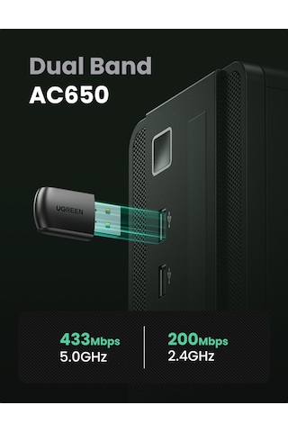 Ugreen 20204 Ac650 2.4 Ve 5Ghz Dual Band Usb Wi-Fi Ağ Adaptörü. S