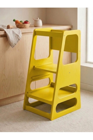 Kaidan Pure Yellow Renk Çocuk Öğrenme Kulesi-etkinlik Kulesi Ayarlanabilir Basamaklı Doğal Mdf