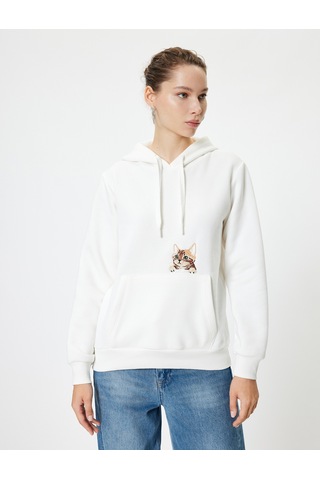 Koton Oversize Kapüşonlu Sweatshirt Cep Detaylı Kedi Nakışlı Ekru 5wal10021ık Ekru
