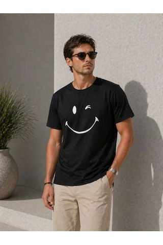 Defymoda Erkek Minimal Gülümseyen Yüz Baskılı Tişört Kısa Kol Yazlık T-shirt - Siyah