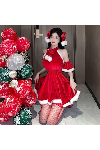 Homyl Cosplay Parti Rol Oynamak Için Yılbaşı Baba Mini Elbise Kırmızı