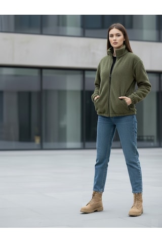 Kadın Oversize Peluş, Polar, Fermuarlı, Teddy Dik Yaka, Sıcak Tutucu Yumuşak Kışlık Ceket Haki