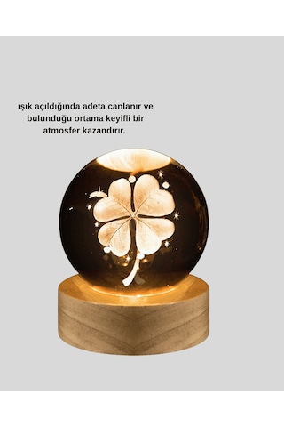 Yonca Bitki Figürlü Cam Küre Gece Lambası, Usb Led Işıklı Ahşap Standlı
