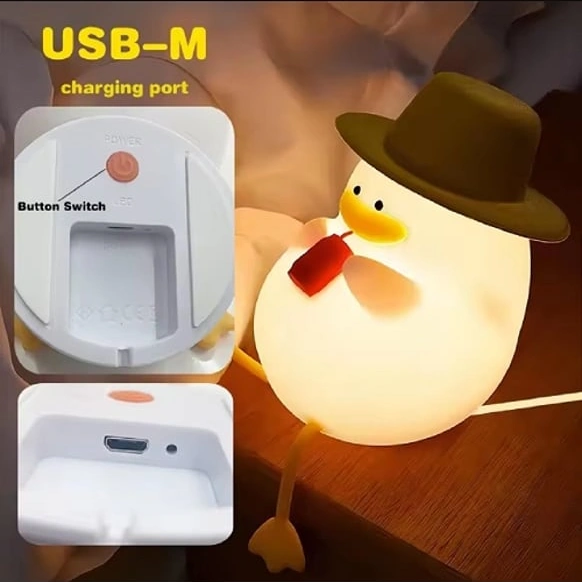 Sevimli Ördek Şapkalı Silikon Led Gece Lambası Dokunmatik, Usb Şarjlı, Dekoratif Masa Lambası