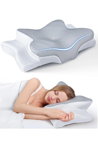 Premium Ortopedik Yastık Konturlu Boyun Yastığı, Hafızalı Köpük, Ergonomik Boyun Ve Omuz Desteği, Serinletici Ve Kokusuz, Yan Ve Sırtüstü Yatanlar İçin Gri - Beyaz