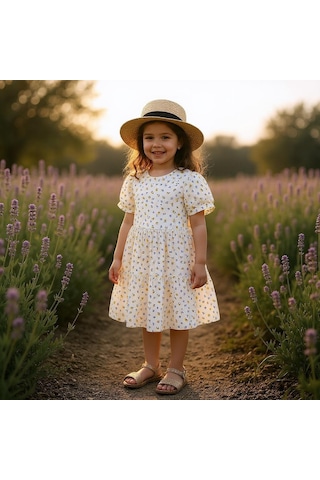 Çiçekli Kız Çocuk Yazlık Elbise St08993 KREM