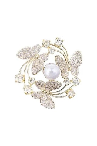 Monyee Kelebek Desenli İkiz Perl Yaka İğnesi - Kc Altın Kaplama, Zirve Eleganlığa Sahip Giyim Aksesuarı Çok Renkli