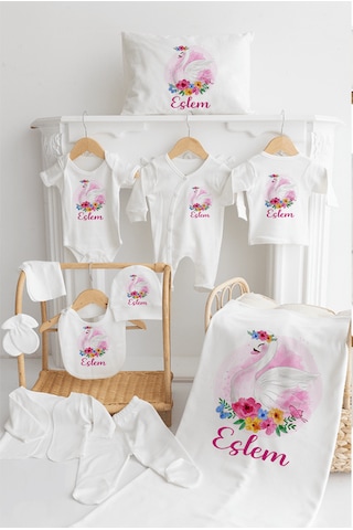 Bebewini %100 Pamuk Organik Baskılı 11'li Isimli Bebek Hastane Çıkışı Ekru