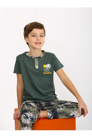 Vitmo Erkek Çocuk Kısa Kollu Düğme Detaylı %100 Pamuklu Pijama Takımı The Palm Yeşil