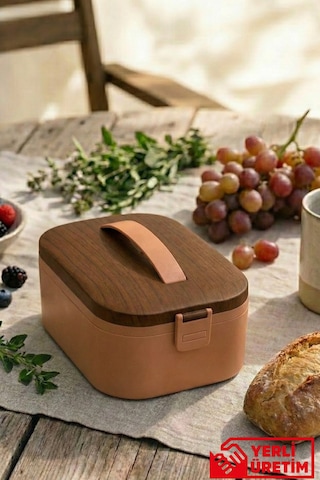 Lunchee - Çelik Bölmeli Sızdırmaz Ahşap Görünümlü Vakum Kapaklı Yemek Kabı Lunchbox 650 Ml Pembe