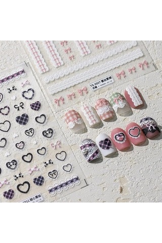 Flybuy 1 Adet 5d Kabartma Kawaii Dantel Nail Art Etiketler Pembe Yay Kalp Ts-3593