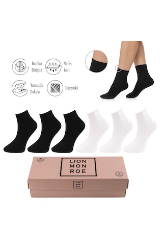 Lion Monroe Saf Bambu Kadın Lastiksiz Siyah - Beyaz Soket Dikişsiz Premium Çorap Kutulu 6'lı / Iz Bırakmaz / Sıkmayan Çorap L5952az
