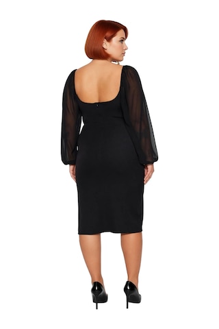 Ersefa Kadın Büyük Beden Bodycon Midi Uzun Kollu V Yaka Dokuma Elbise Şı Siyah