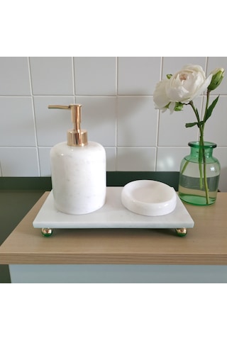Doğal Mermer Banyo Ve Lavabo Seti 3lü Gold Aksesuarlı Beyaz