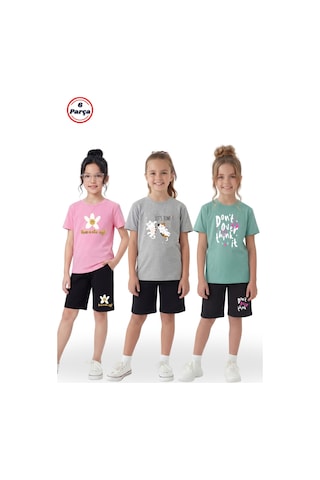 Panios Kids 3 Lü Yuvarlak Yaka Kaprili Baskı Detaylı Yazlık Kız Çocuk 6 Parça Alt Üst Takım Pembe - Gri - Mint Yeşili