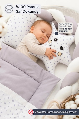 Deluxe Park Yatak Uyku Seti Bebek Beşik Örgülü Uyku Seti Pamuklu Kumaş 7 Parça