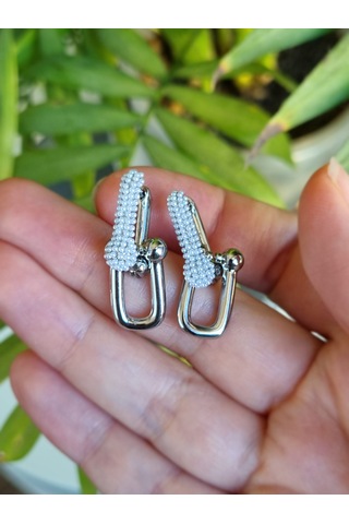 İnci Detaylı Gümüş Renk Modern Küpe Gümüş - Beyaz