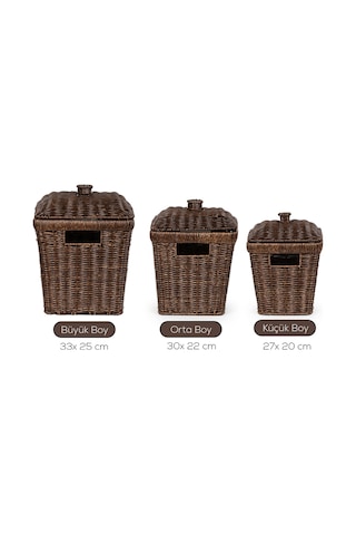 Porsima Pbt-919-1 3lü Hasır Sepet Kapaklı Bambu Sepet Seti Dekoratif Banyo Mutfak Düzenleyici Patates Soğan Sepeti Organizeri Ahşap