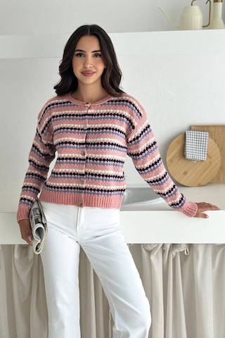 Noa & Noa Kadın Geometrik Desenli Düğmeli Triko Hırka Canlı & Şehirli Stil Pembe