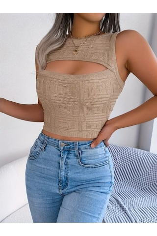 Kadın Askılı Bisiklet Yaka Güpüs Dekolteli Triko Crop Bluz Bej