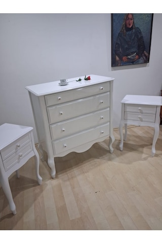 Şifonyer 2 Adet Komodin 90668 Model Aslan Ayak Kayın Parlak Beyaz Porselen Kulp