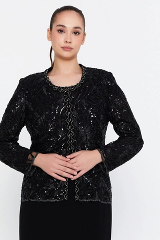 Güzelyalı Kadın Büyük Beden İşleme Detaylı İki Parça Abiye Takım 1047 Siyah Siyah
