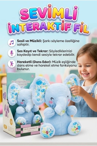 Sevimli Fil Sesli Müzikli Hareketli Kulaklı Ses Kaydeden Ve Taklit Eden Dans Eden Oyuncak Peluş Mavi