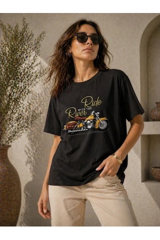 Defymoda Motosiklet Baskılı Tişört Bisiklet Yaka Kısa Kol Yazlık T-shirt - Siyah