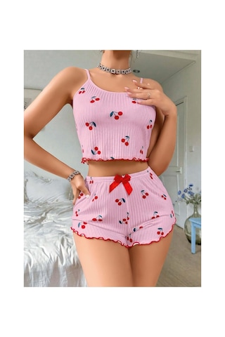 Ruselin Kadın Kiraz Desenli Askılı Şortlu Pijama Takım-pembe-l/xl - 9027466738125