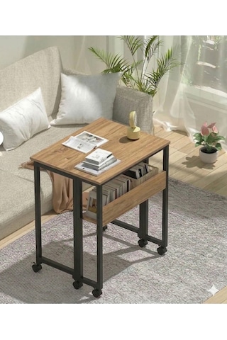 Sidney Kitaplık Raflı Katlanır Masa 70 Cm Tekerli Bilgisayar Masası Laptop Masası Siyah - Çam