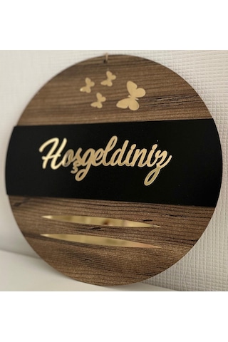 Pey Aksesuar Hoşgeldiniz Yazılı Kelebek Detaylı Aynalı Pleksi Ahşap Kapı Süsü Dekoratif Ceviz