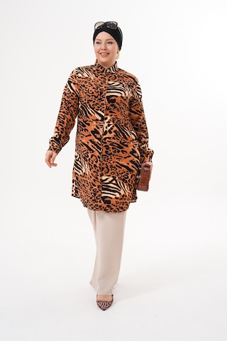 Polologin Butik Leopar Desenli Haki Yaka Tunik Turuncu Siyah