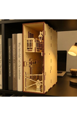 Algwooddesign Diorama Ahşap Maket, 40 Parça Dıy Minyatür Şehir Sokağı Dioraması, Peri Led Dahil, Mdf 3d Puzzle, Book Nook Ve Dekorasyon Seti, 13,95 X 6,12 X 18,09 Cm
