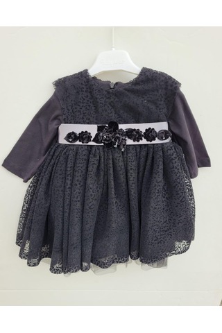 Zekids Kız Bebek Çocuk Uzun Kol Çiçek Detaylı Abiye Elbise-12335-siyah Siyah